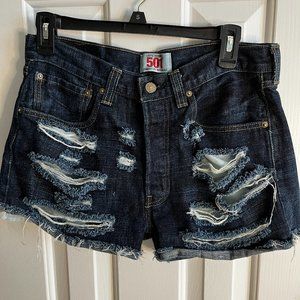 Levis 501 button fly shorts women straight leg 31x30 dark blue distressed